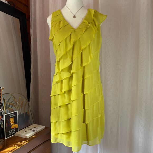 Adrianna Papell Petite Tiered Ruffle Chiffon Dress Chartreuse 6P Cocktail Party - Picture 1 of 12